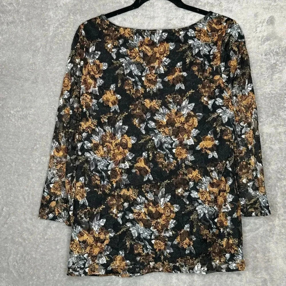 White Stag XL Shirt Top Brown Floral 3/4 Sleeve Round Neck Lace Overlay Casual - Picture 4 of 6
